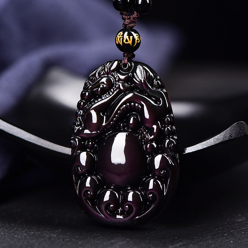 Natural Rainbow Eye Obsidian Dragon Ball Pixiu Pendant Necklace for Men and Women Vintage Trendy - ZENHIMA
