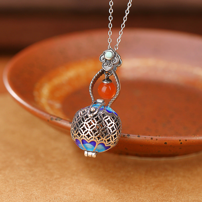 S925 Sterling Silver Hollow Gourd Amulet Pendant with Red Agate and Turquoise - ZENHIMA