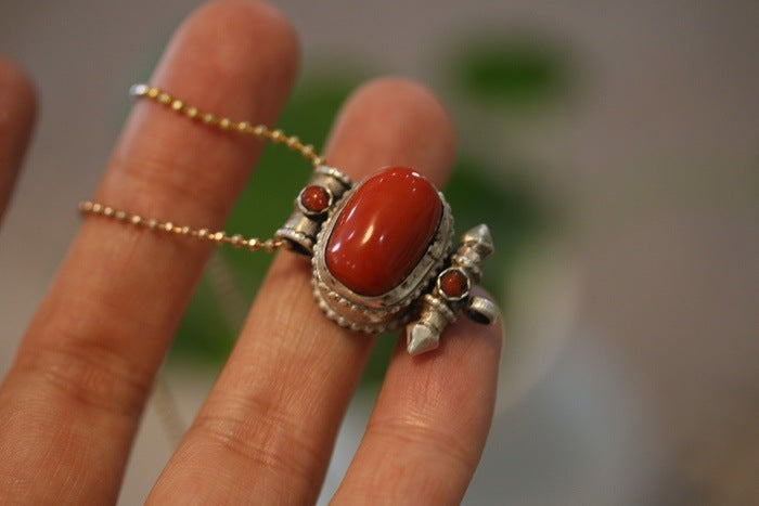 Tibetan Handmade Gau Box Pendant Necklace with Turquoise, Ruby and Silver - ZENHIMA