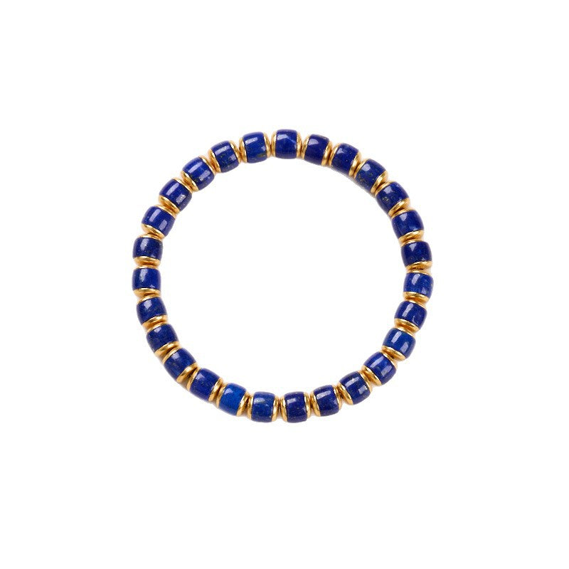 Natural Lapis Lazuli Barrel Bead Bracelet S925 Silver Straight Cut Tablet