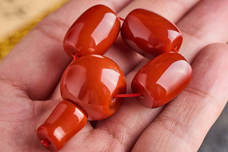 Tibetan Bodhi Prayer Beads with Red Agate Buddha Head and Persimmon-Red Guru Bead - ZENHIMA