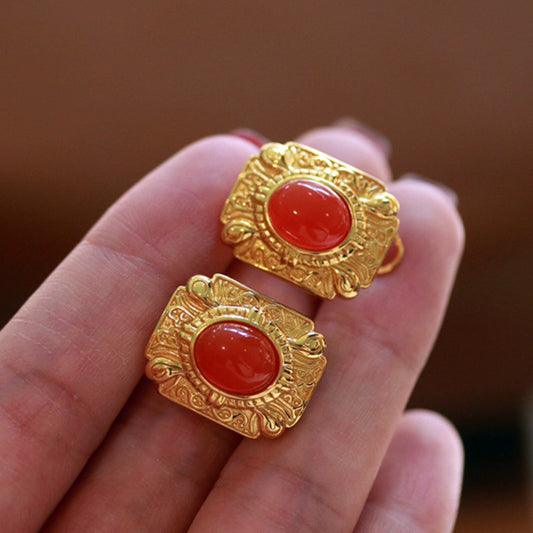 S925 Silver Earrings with Natural Nanhong Agate – Gold-Plated, Classic Elegant Women’s Jewelry - ZENHIMA
