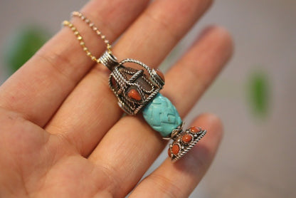 Tibetan Handmade Gau Box Pendant Necklace with Turquoise, Ruby and Silver - ZENHIMA