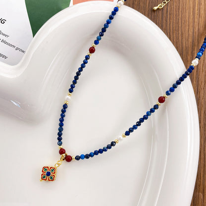 Natural Stone Handmade Collarbone Chain Lapis Lazuli Beaded Necklace