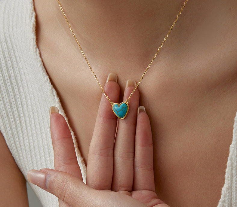 S925 Sterling Silver Turquoise Heart Pendant Necklace - ZENHIMA