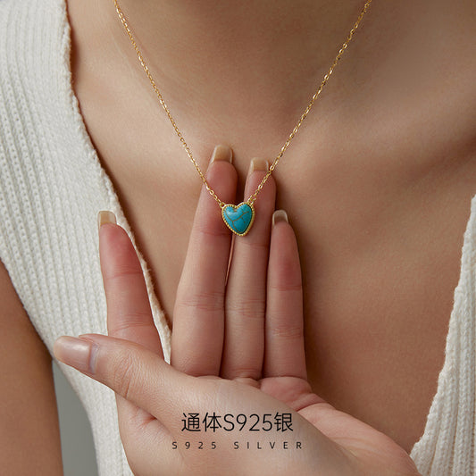 S925 Sterling Silver Turquoise Heart Pendant Necklace - ZENHIMA
