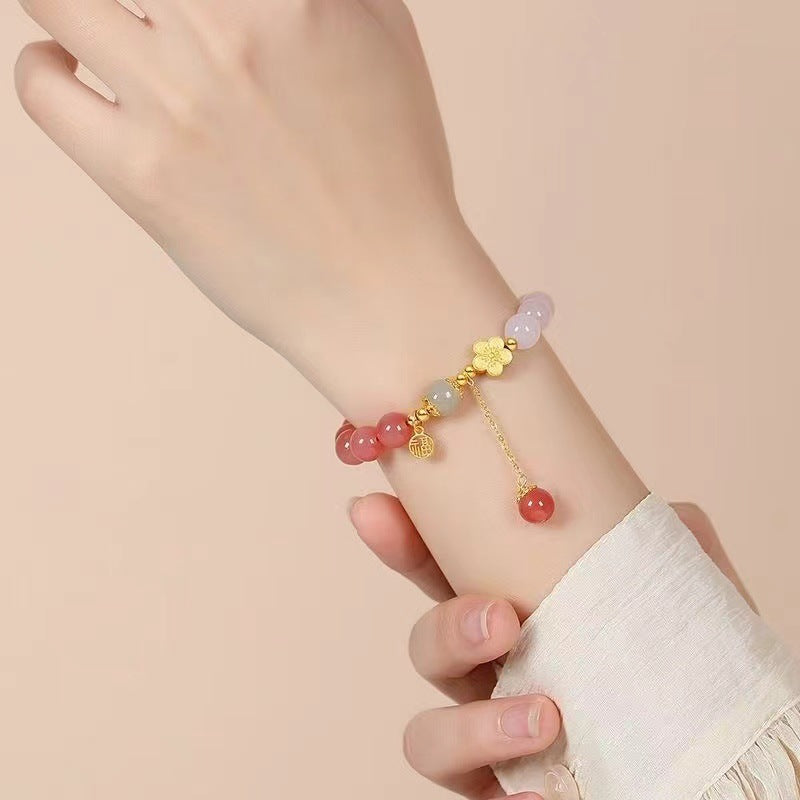 Armband aus natürlichem Regenbogenachat in Form einer Pfirsichblüte – Symbol für Glück und Schönheit