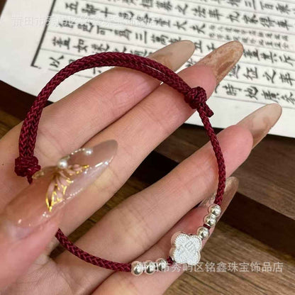 999 Fine Silver Fu Blessing Red String Bracelet with Four Leaf Clover