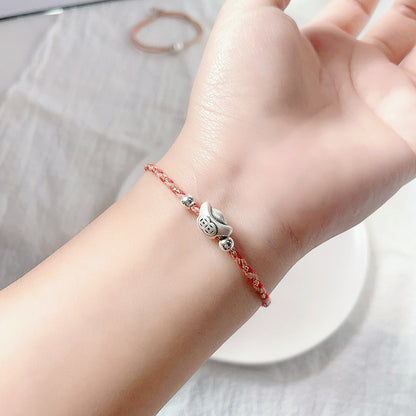 925 Silver Yuanbao Bracelet – Colorful Persimmon Orange Braided Stretch Bracelet