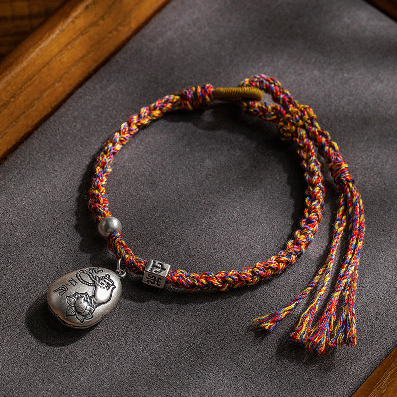 Tibetan 925 Sterling Silver Five-Color Lotus Red String Bracelet - ZENHIMA