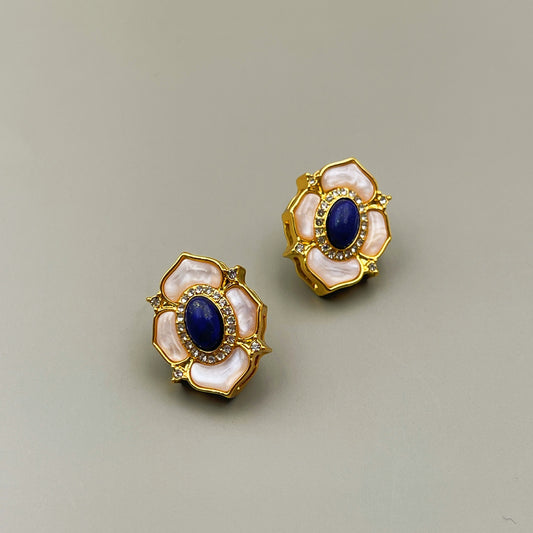 925 Silver Needle Simple Natural Lapis Lazuli Camellia Earrings